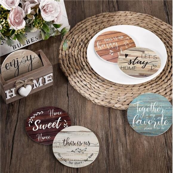 Wood Heart Coasters Set of 6 with Holder Farmhouse Drink Table Protection Gift - Picture 2 of 7